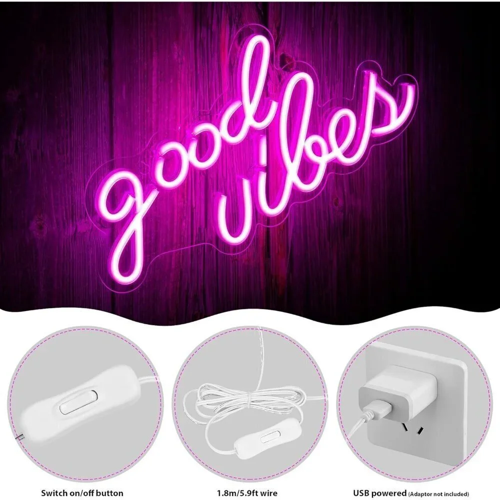 Neon Sign Pink Good Vibes Led Lights for Bedroom, Wall Decor (16.1 x 8.3 inch)